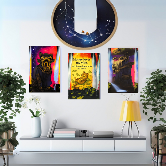 "Cosmic Feline Flow” triptych – Surreal Abundance Canvas,Vibrant Canvas Wall Art, Colorful Cat Decor, Animal Art, Inspirational Wall Decor, Unique Gift for Pet Lovers